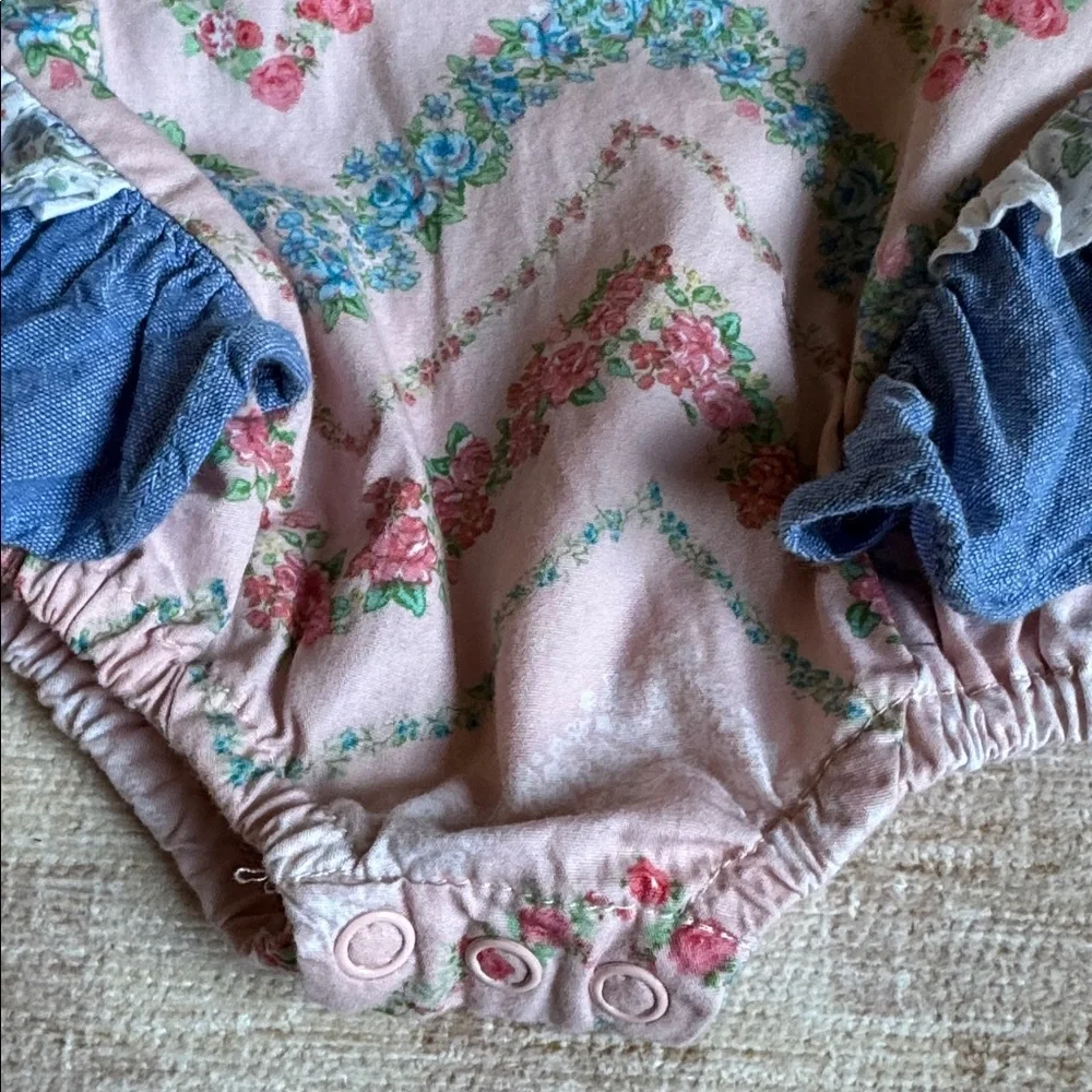 Bonnie Baby Pink and Blue Floral Ruffled Romper size 3-6M